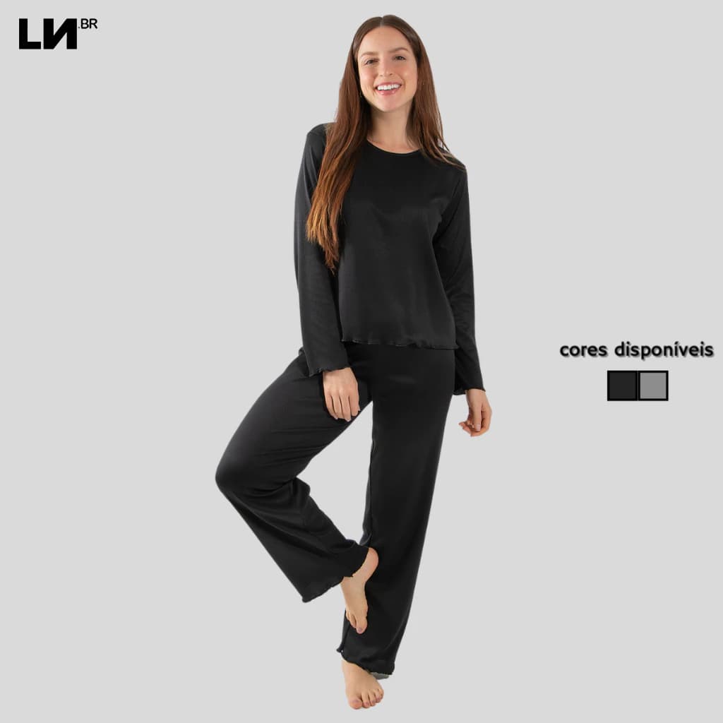 Conjunto de Pijama Feminino Linha Noite Longo Básico Ribana Canelada