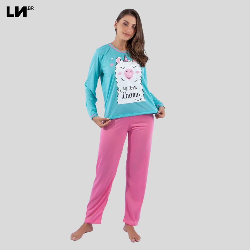 Pijama Longo Lhama Azul com Rosa Linha Noite Inverno