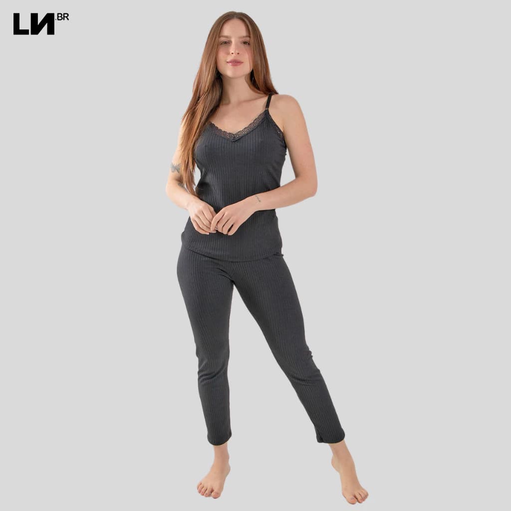 Conjunto De Dormir Feminino Pijama Regata e Calça Linha Noite Malha Canelada Confortável