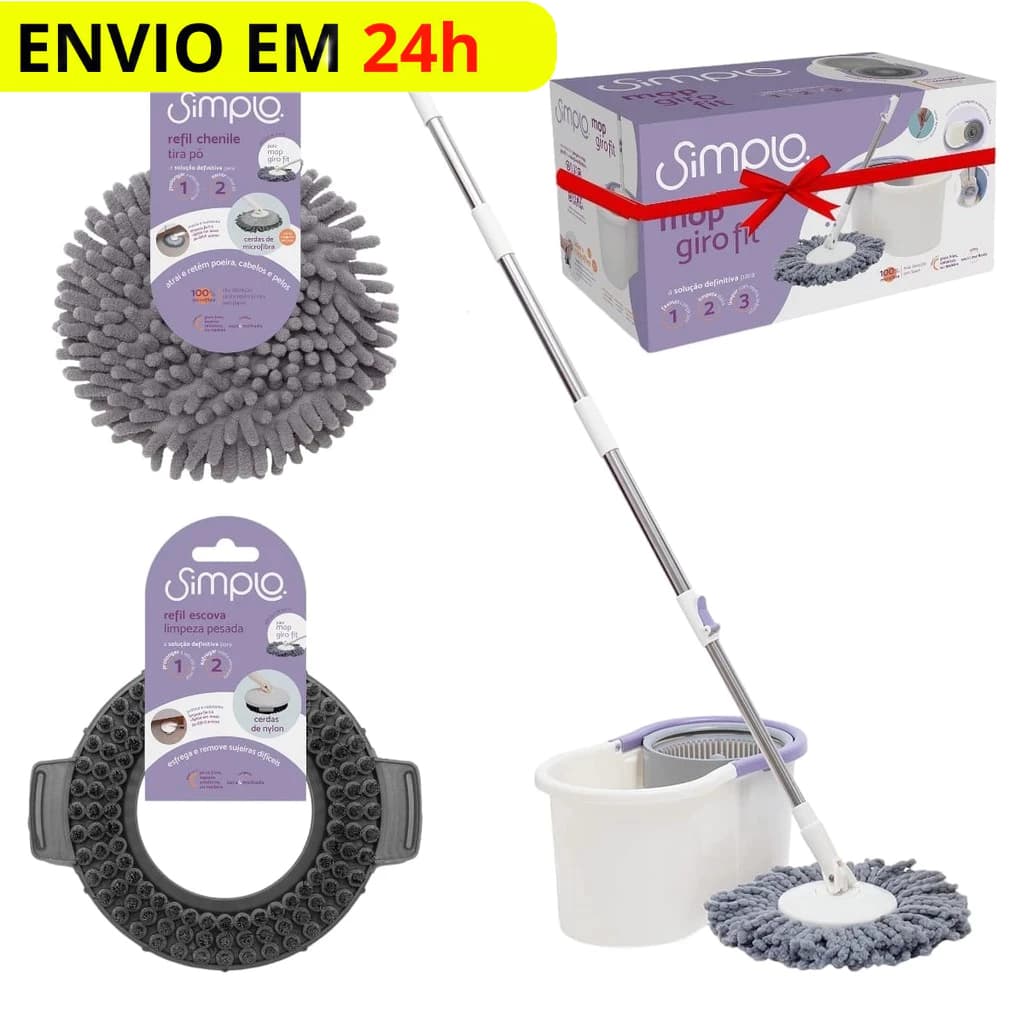 Mop Giro Fit com Balde E Esfregão - Simplo + 1 Refil Chenile Tira Pó e 1 Refil Escova Limpeza Pesada