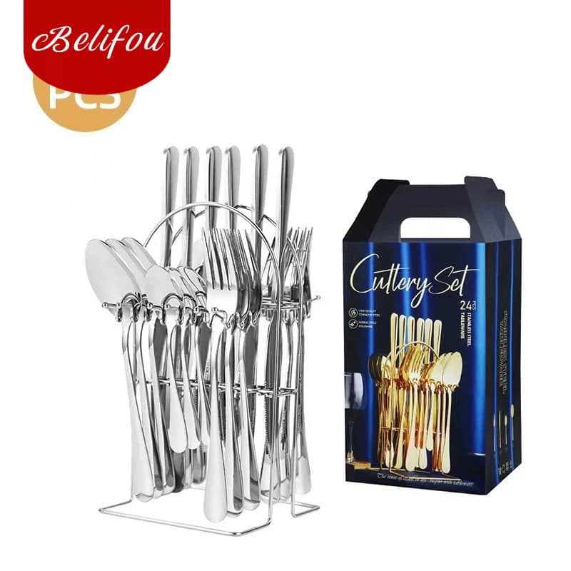 Belifou Kit 24 Conjunto De Talheres De 24 Pcs Conjunto De Faca E Garfo Dourado Com Suporte