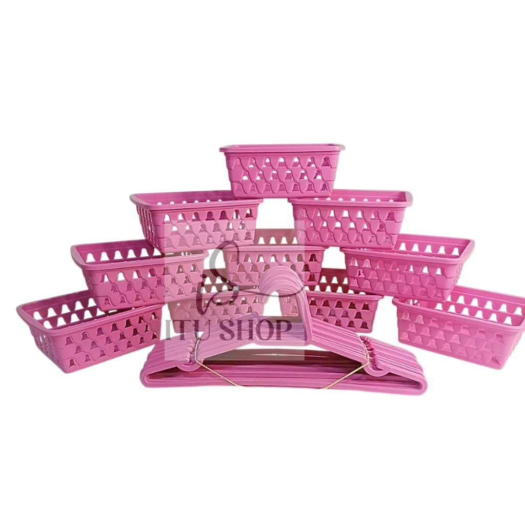 Cesto Organizador e Cabide infantil Kit 10 Cestinhas e 20 Cabides Rosa Para Bebê Infantil