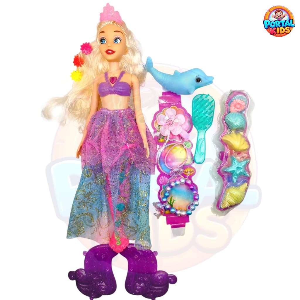 Boneca sereia com Música e Acessórios para crianças