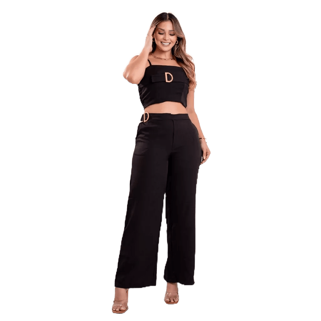 Conjunto Feminino de Alfaiataria Preto Calça + Cropped,Casa Bilhão