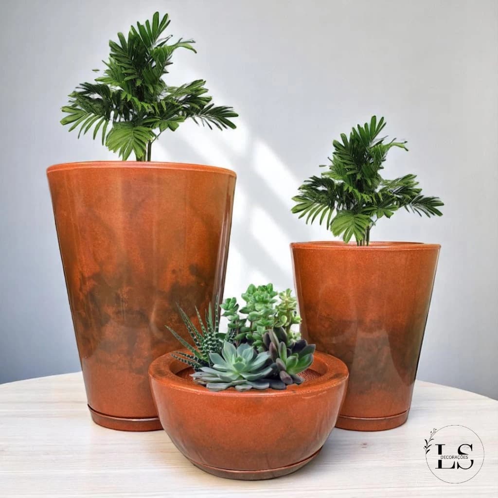 Kit 3 Vasos para Planta Flor Colunas Redonda e Bacia com Prato em Polietileno Moderno Elegante