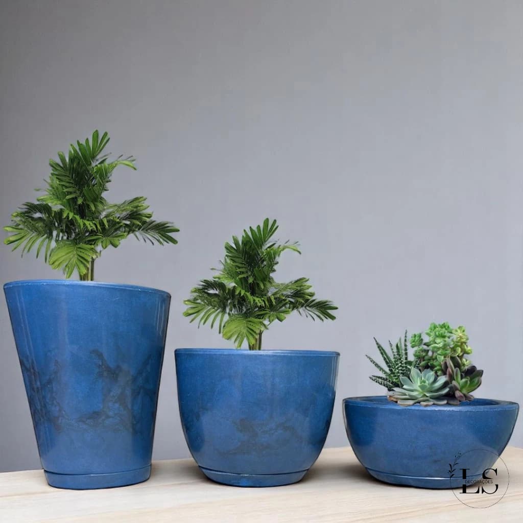 Kit 3 Vasos para Plantas Decorativo Coluna Bojo Bacia Cuia Luxo com Prato em Polietileno Com Pratos