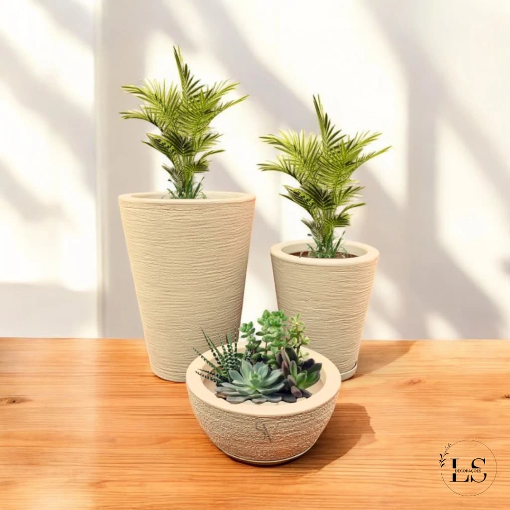 Kit 3 Vasos Para Planta Flor Coluna Redonda e Bacia Jardim Varanda Elegante Com Prato em Polietileno