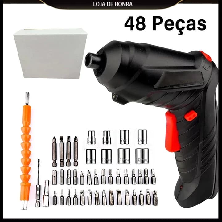 Kit Parafusadeira/Furadeira 48 Peças À Bateria Carregador Usb