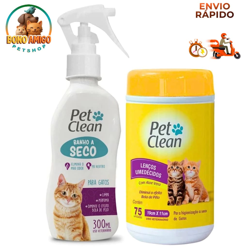 Kit Banho a Seco para Gatos + Lenço Umedecido Pet Clean