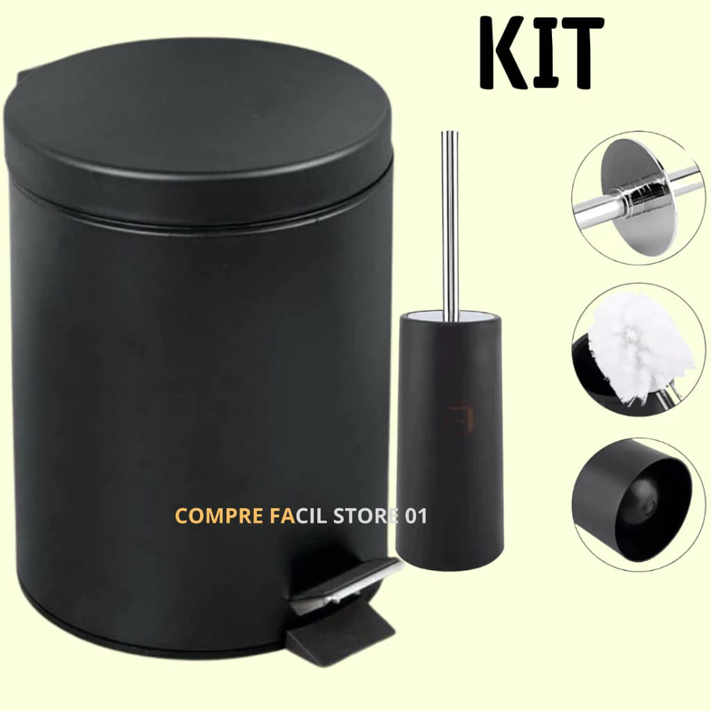 Kit Escova Sanitária +  Lixeira Redonda Com Pedal Multiuso Aço 3 e 5 litros - Preto Matte