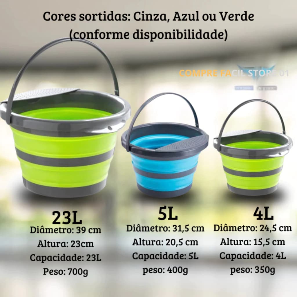 Balde Dobrável Multiuso Redondo – 4L, 5 ou 23L | Praticidade + Economia de Espaço Qualidade Premium