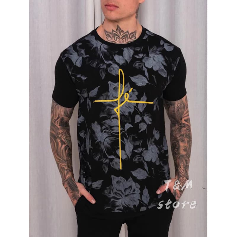 Camiseta long line ADULTO masculino manga curta estampada Fé