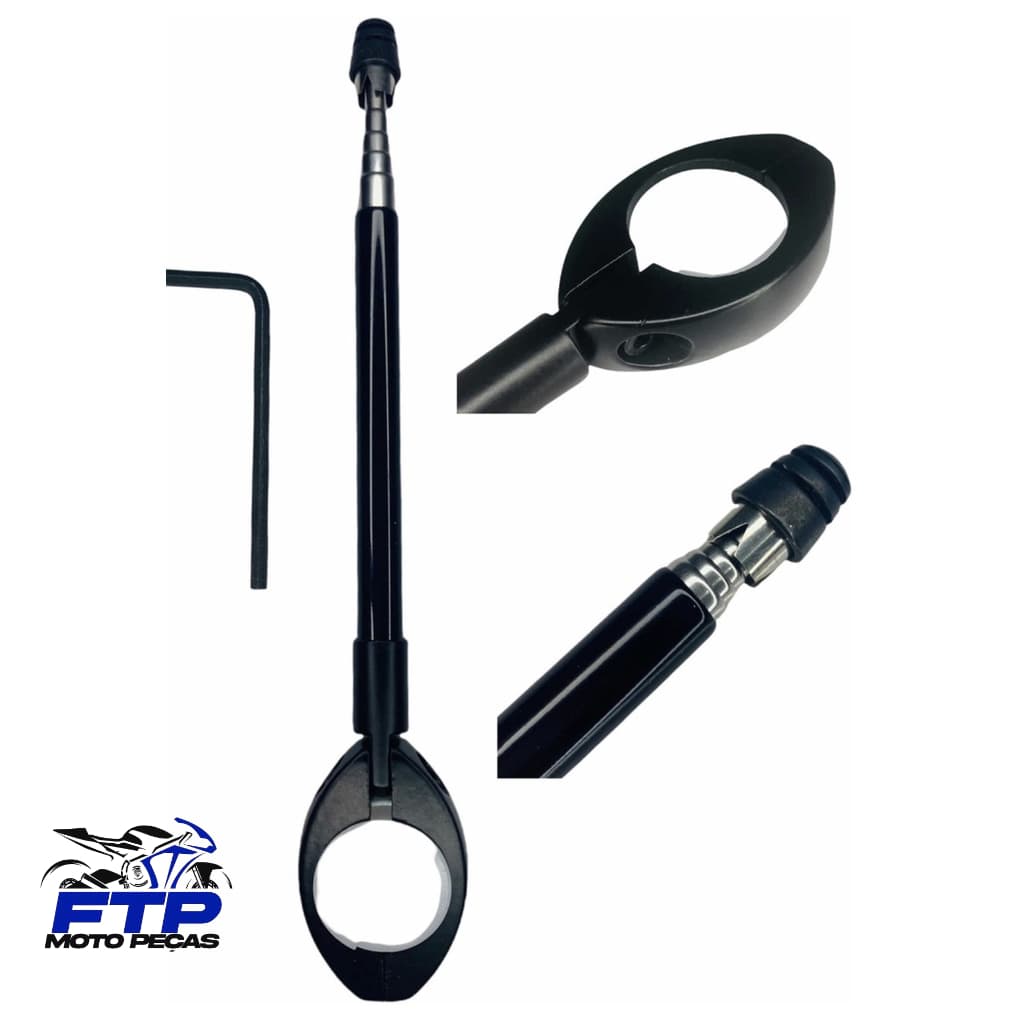 ANTENA CORTA PIPA RETRÁTIL 7 ESTÁGIOS 65CM PRETA FIXAÇÃO NO GUIDÃO MOTO SEGURANÇA
