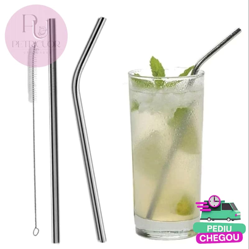 Kit Conjunto 4 pçs Canudo de aço inox reutilizável + canudo milkshake sustentável + escova de limpeza