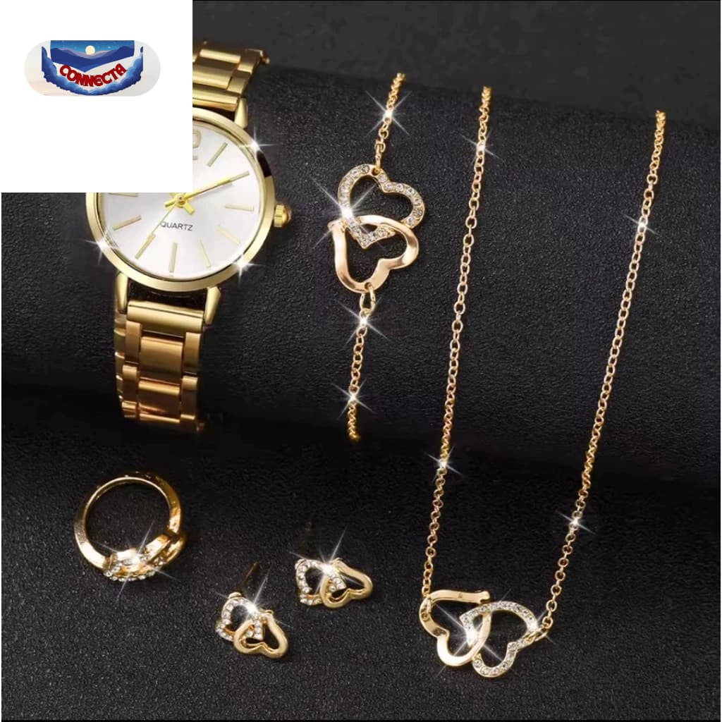 Relógio Feminino Moda Ouro Banda de Aço Relógios de Quartzo Conjunto de Jóias 6 peças