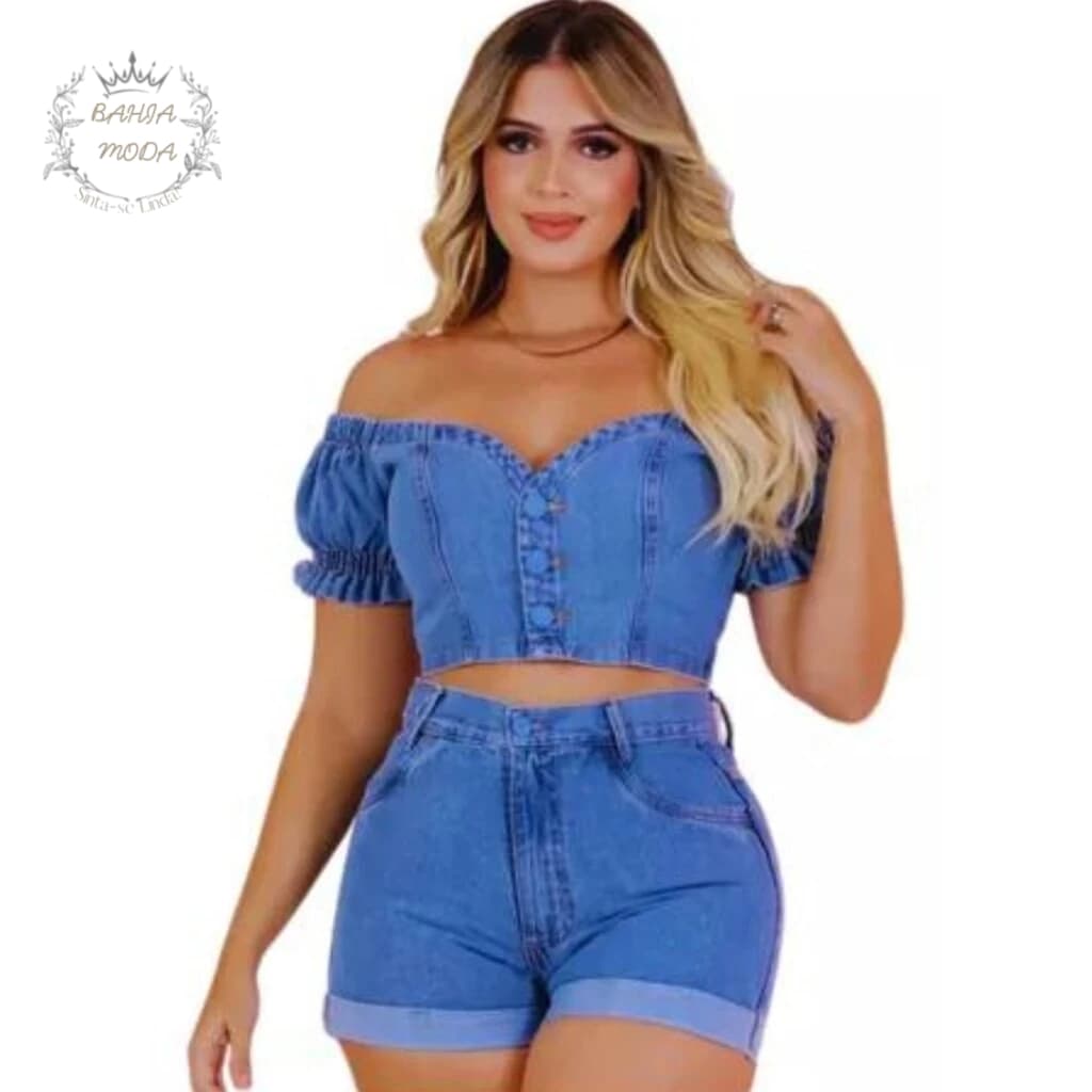 Conjunto Jeans Feminino Short + Cropped Ciganinha Lavagem Clara 100% algodão