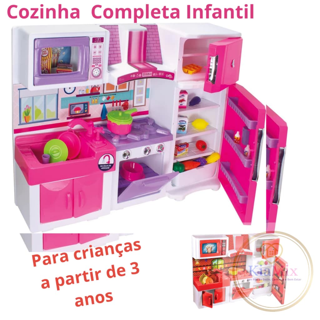 Cozinha Brincar Infantil Completa Grande Brinquedo Fogão Geladeira Pia Sai Agua Micro Ondas