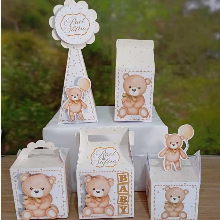 PEGUE E MONTE - Kit Festa Personalizado Chá Revelação Ursinhos Branco/Dourado Neutro Lembrancinhas Caixinhas para festa