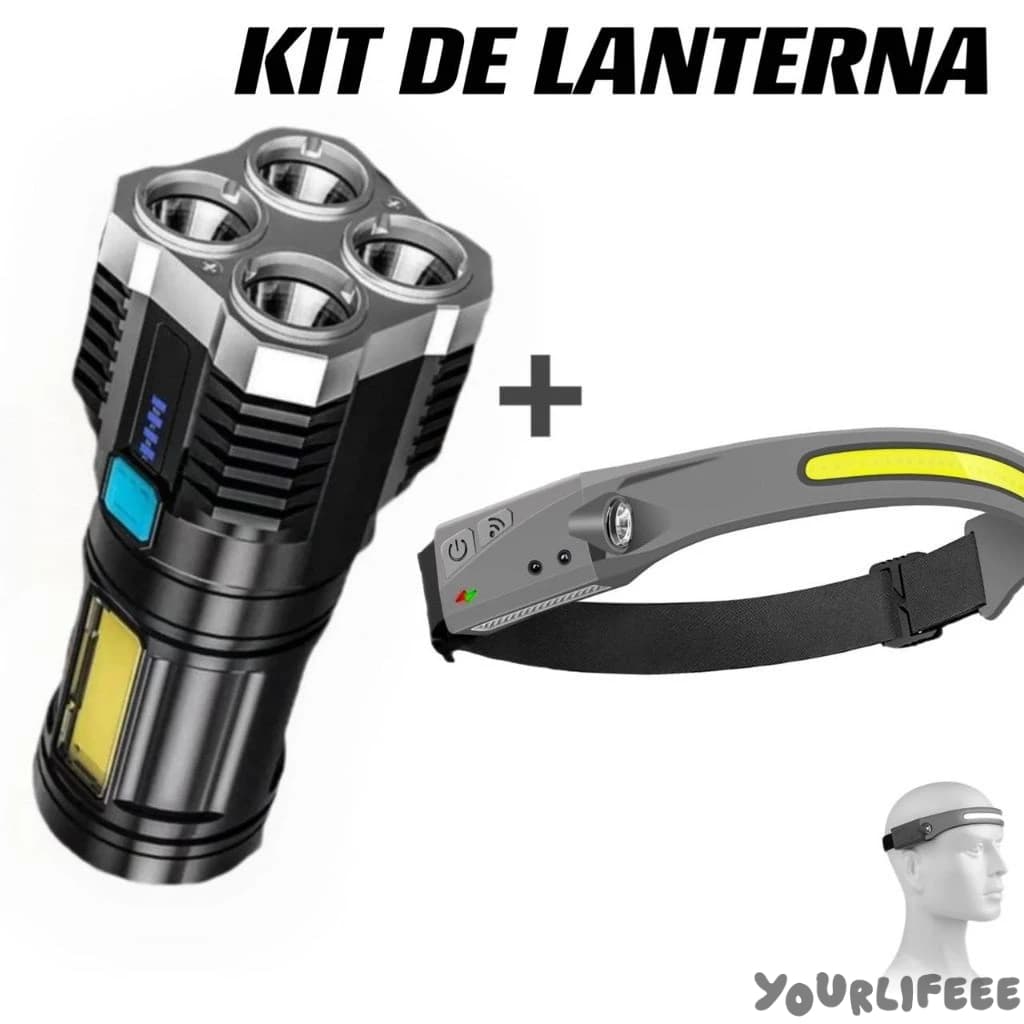 KIT de Lanterna Tatica Recarregavel + Lanterna de Cabeça Led Corpo Motion Camping Torch Light Lamp Com Usb