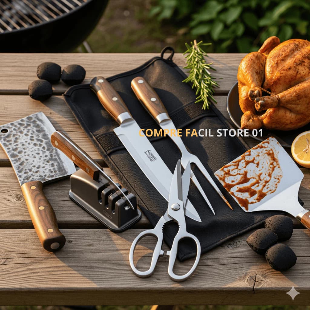 Kit Churrasco Faca Garfo Chaira Cutelo Tesoura Amolador Afiador + Espátula Qualidade Premium