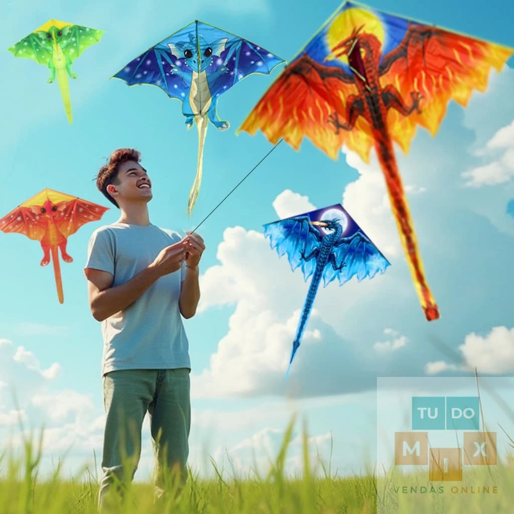 Pipa Dragão Delta Triangular Diversos Modelos com Linha e Rabiola Feita com Vareta de Fibra Tecido Poliéster