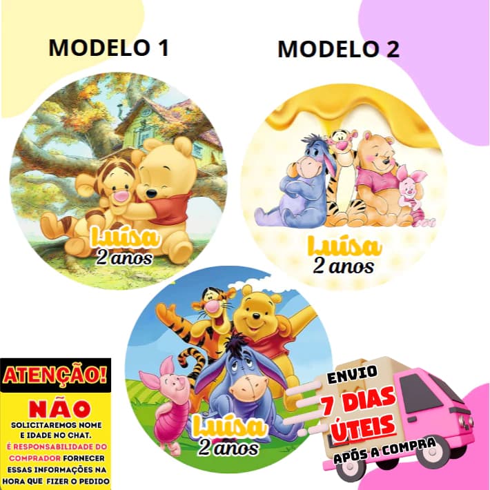 60/100 Adesivos Personalizados 5x5 cm Tema Ursinho Pooh Ideal para Lembrancinhas, festas