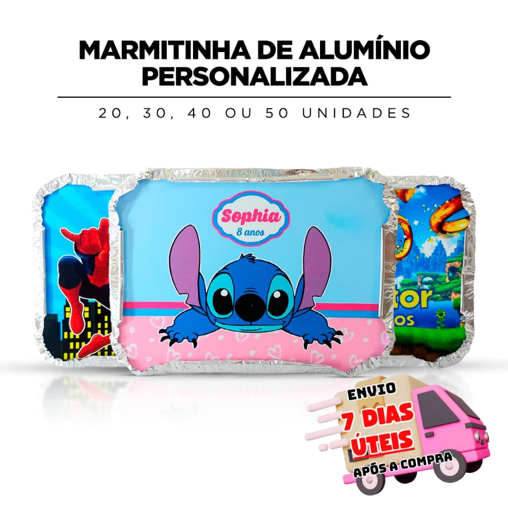 Marmitinha de Alumínio Personalizada | 20, 30, 40 ou 50 unidades | Temas Variados para Festas