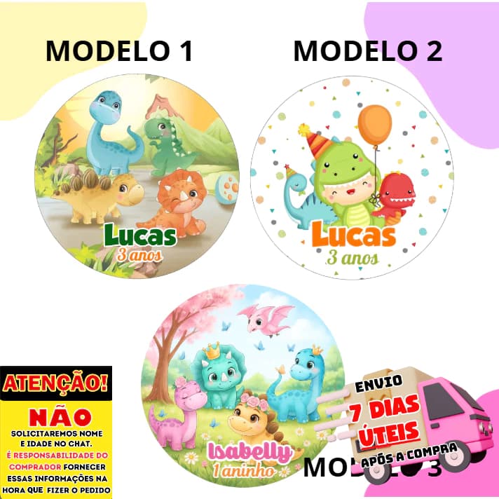 60/100 Adesivos Personalizados 5x5 cm Tema Dinossauro Baby Menino e Menina  Ideal para Lembrancinhas