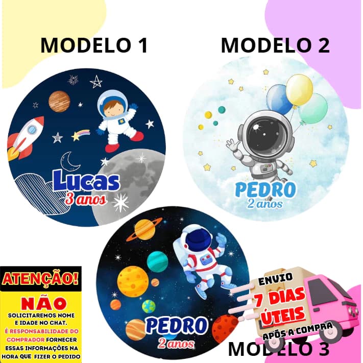 60/100 Adesivos Personalizados 5x5 cm Tema Astronauta Ideal para Lembrancinhas, festas, decoração