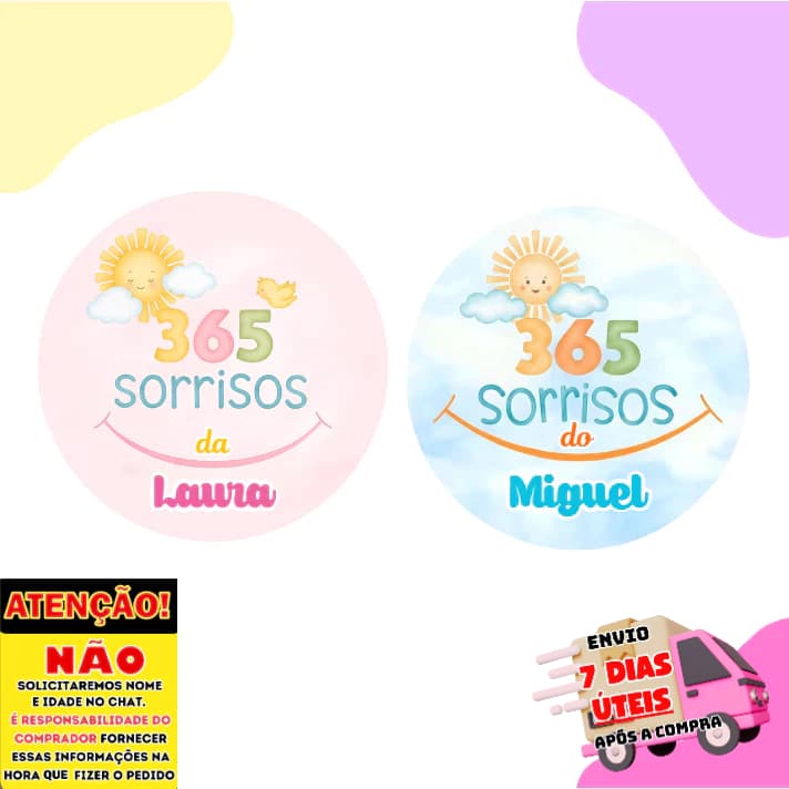 60/100 Adesivos Personalizados 5x5 cm Tema 365 Sorrisos Ideal para Lembrancinhas, festas