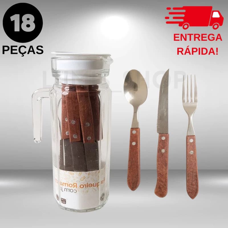 KIT FAQUEIRO COM JARRA DE VIDRO CABO RUSTICO 19 PCS PREMIUM PERFEITO PARA CHURRASCO