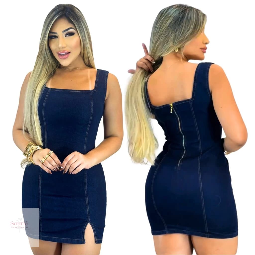 Vestido Jeans Feminino com Lycra Lavagem Escura com Alça Fechamento Zíper