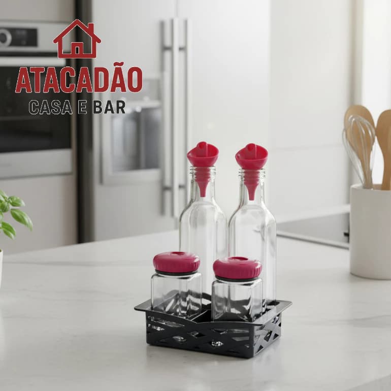 Galheteiro de Vidro 4 Peças Com Tampa Pink Casambiente
