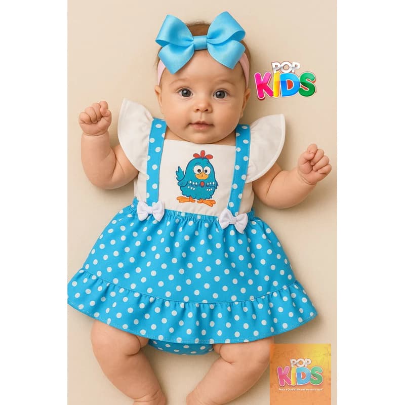 Jardineira romper vestido bebe menina galinha pintadinha fazendinha cocó  azul de bolinha poá tematico Mesversário book