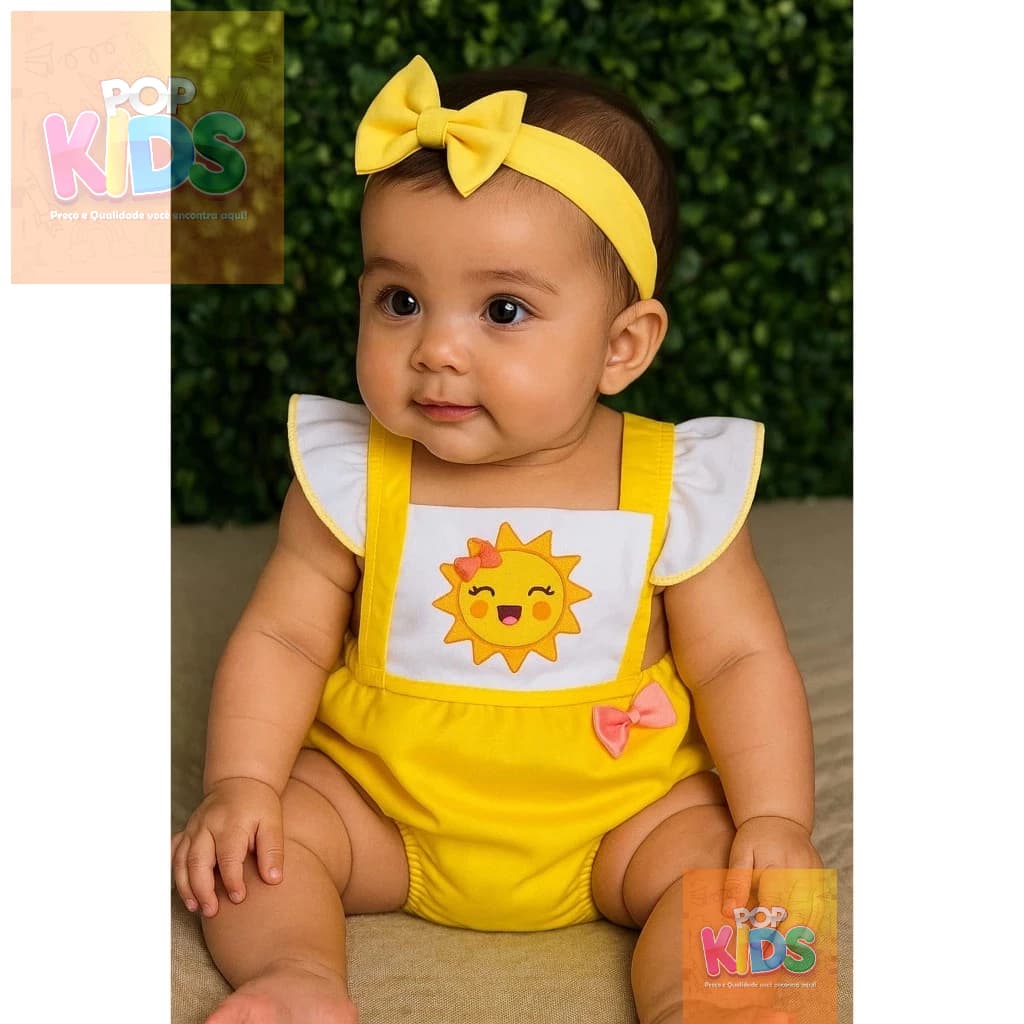 Jardineira Romper Body Bebe Sol Solzinho Mesversário Fantasia Moda fantasia raio de luz raio de sol bunda rica book