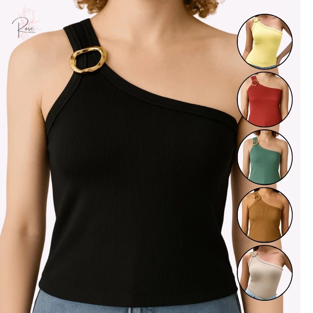 Blusa Canelada Feminina Decotada Detalhe de Fivela Premium, Loja Rose