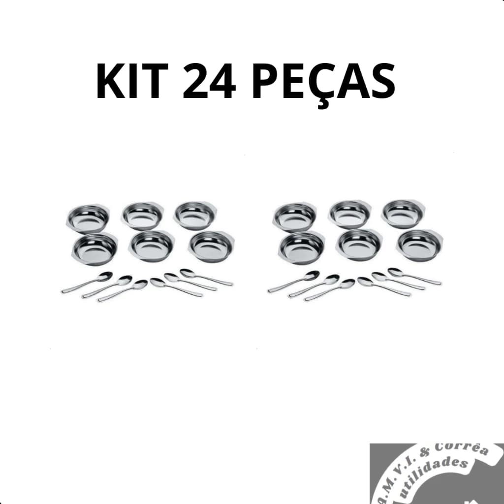 kit Conjunto Jogo De Tigelas Com Colheres Inox Para Sobremesa 24 peças