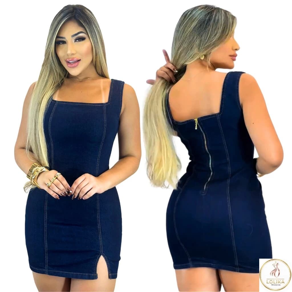 Vestido Jeans Feminino com Lycra Lavagem Escura com Alça Fechamento Zíper