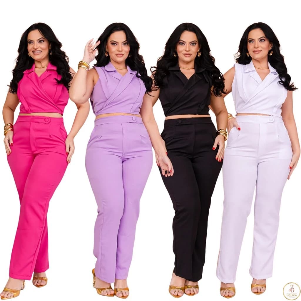 Conjunto Feminino Alfaiataria Calça e Cropped Social Elegante Luxo Cores Moda Feminina