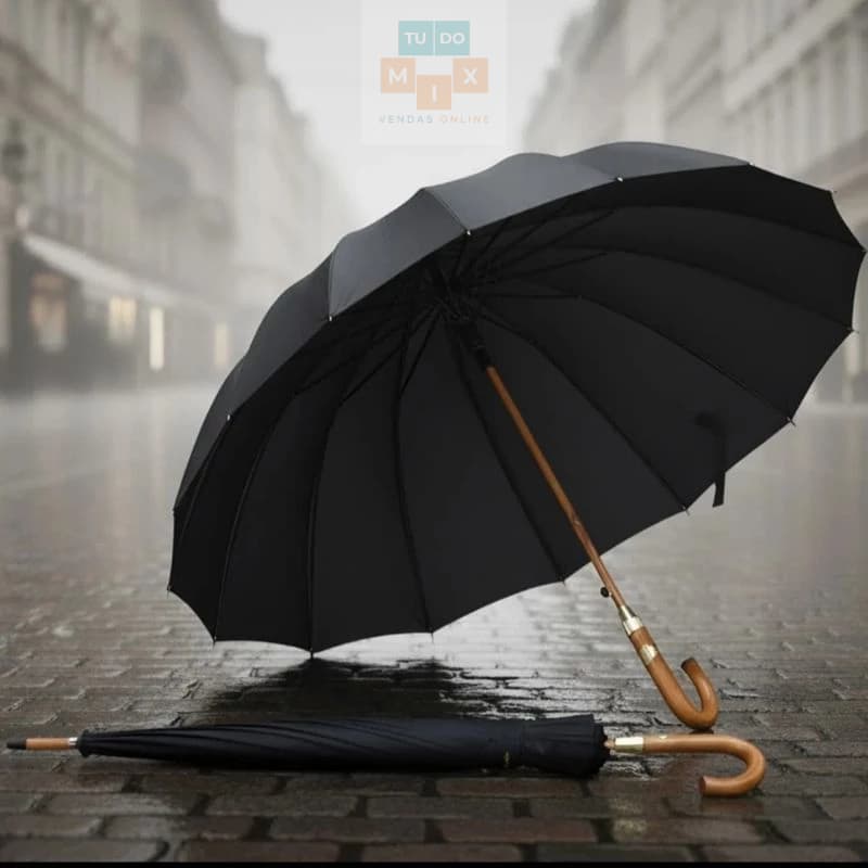 Guarda Chuva Grande Reforçado Automático Cabo De Madeira Cor Preto