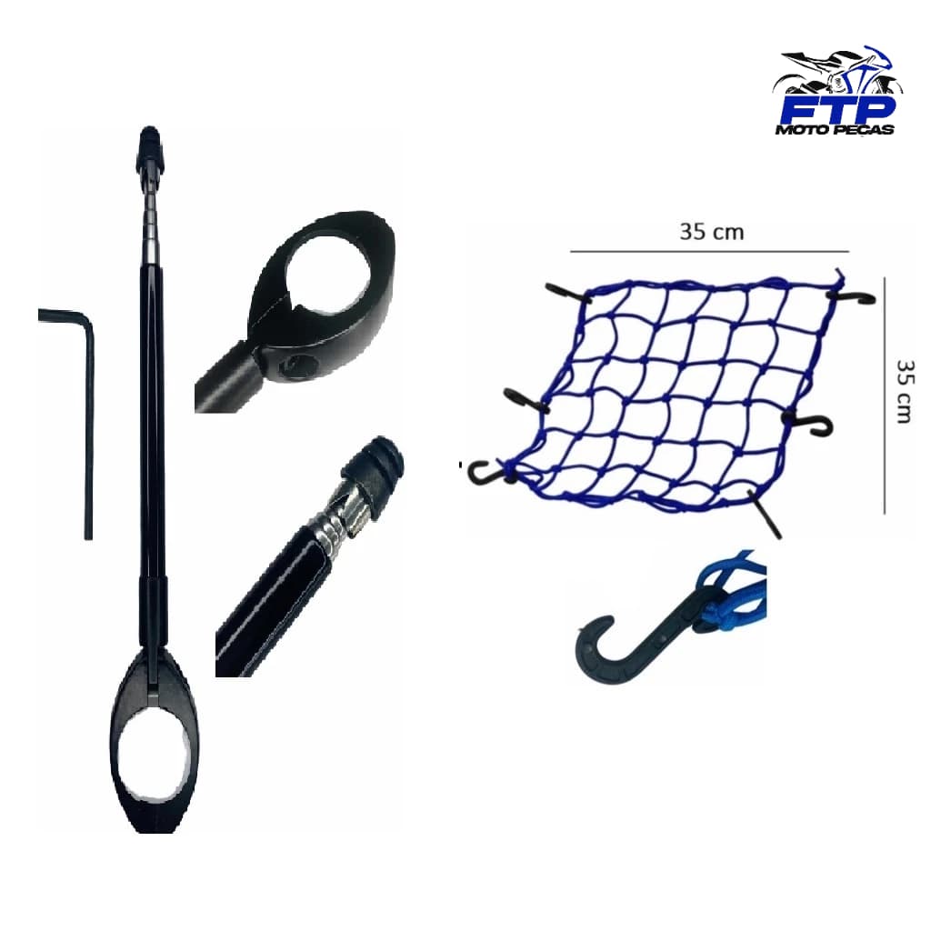 KIT ANTENA CORTA PIPA RETRÁTIL ANTI CEROL UNIVERSAL PARA GUIDÃO + REDE ELÁSTICA ARANHA 35X35 AZUL PARA MOTO