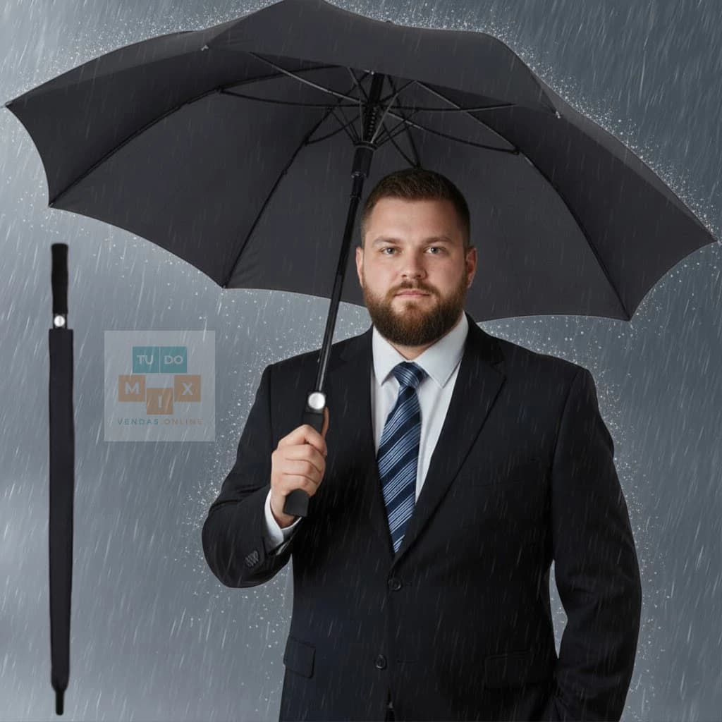 Guarda Chuva Portaria Preto Grande Elegante Reforçado Varetas Feitas de Fibra Cabo Reto Automático