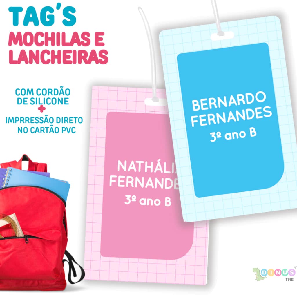 TAG Personalizada para Mochilas, Malas e Lancheiras + Cordão de Silicone I Impressão Cartão PVC