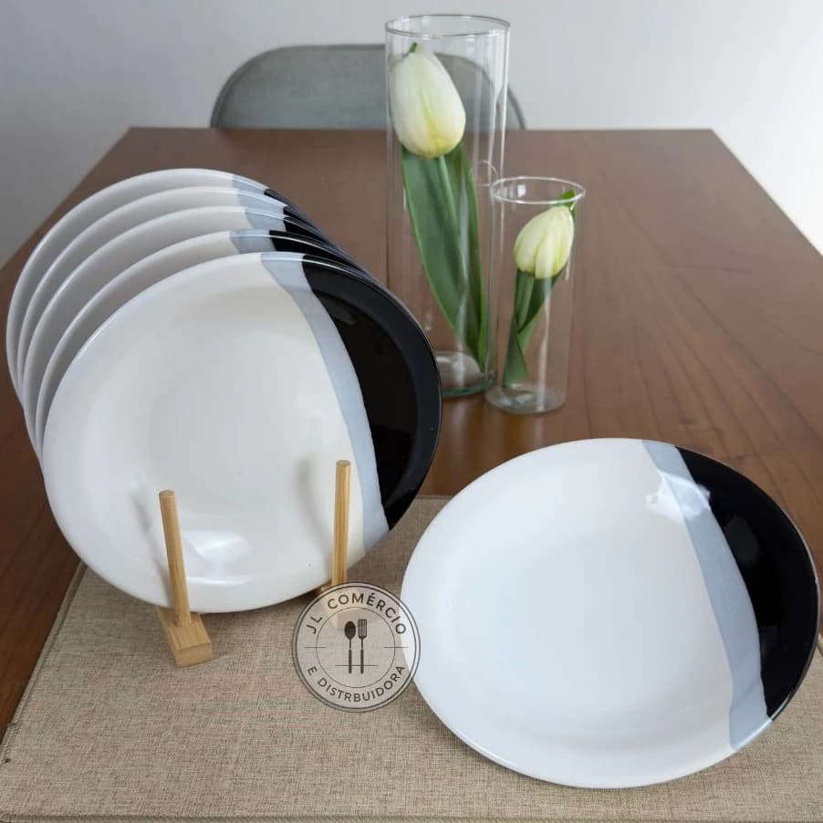 Jogo de pratos fundos 6 peças de ceramica segunda linha 23cm preto e branco