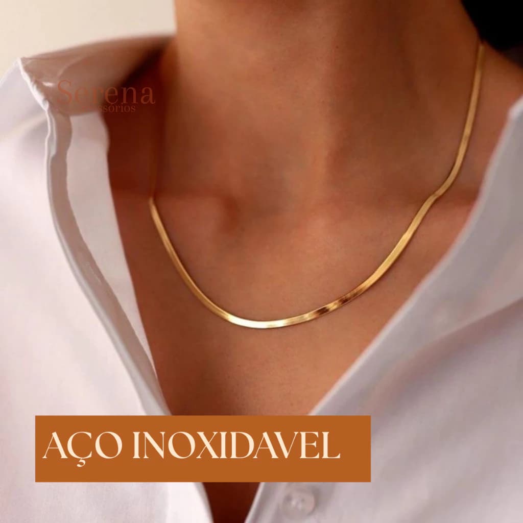 Choker Fita Dourado Aço Inoxidável Colar Feminino Laminada Hipoalergênico Delicado 45cm