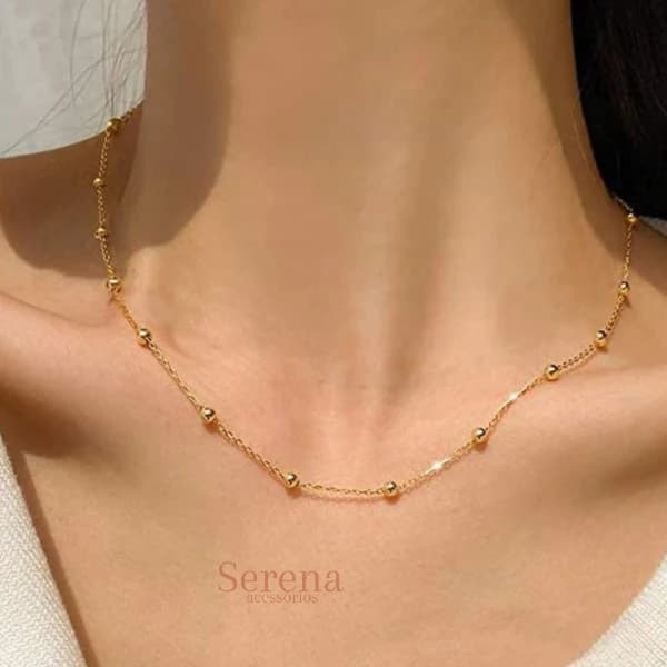 Colar Bolinha Dourado Aço Inox Feminino Ouro esferas Hipoalergênico Choker 45cm
