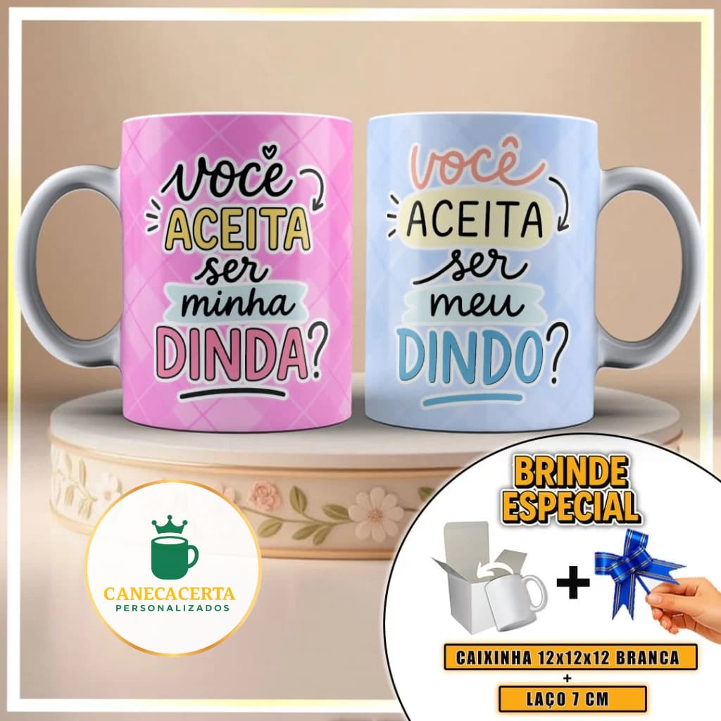 Kit 2 Canecas Dindo e Dinda Presente Completo com Caixa e Laço