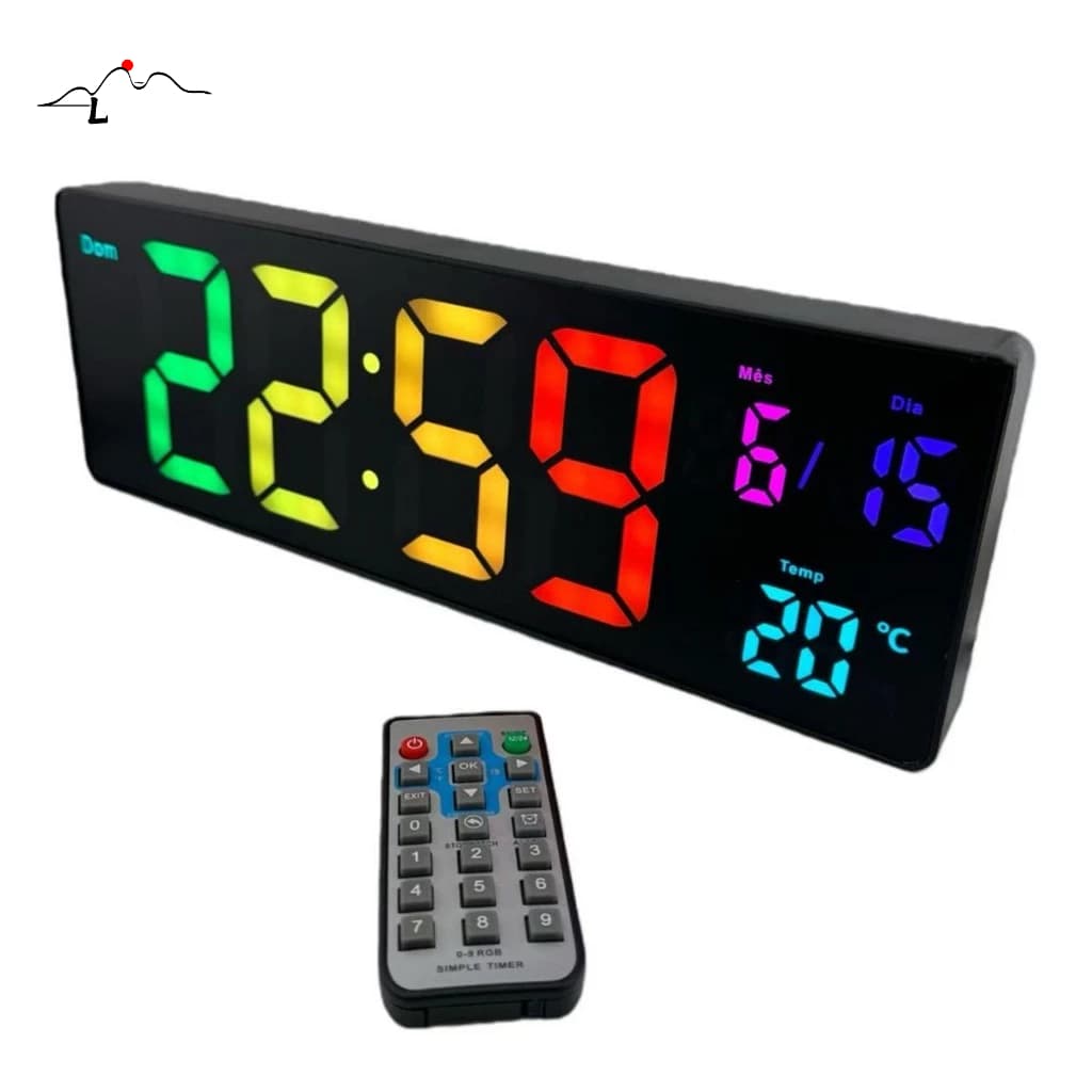 Relógio Digital De Parede Mesa Grande Led RGB Com Cronômetro Alarme Controle