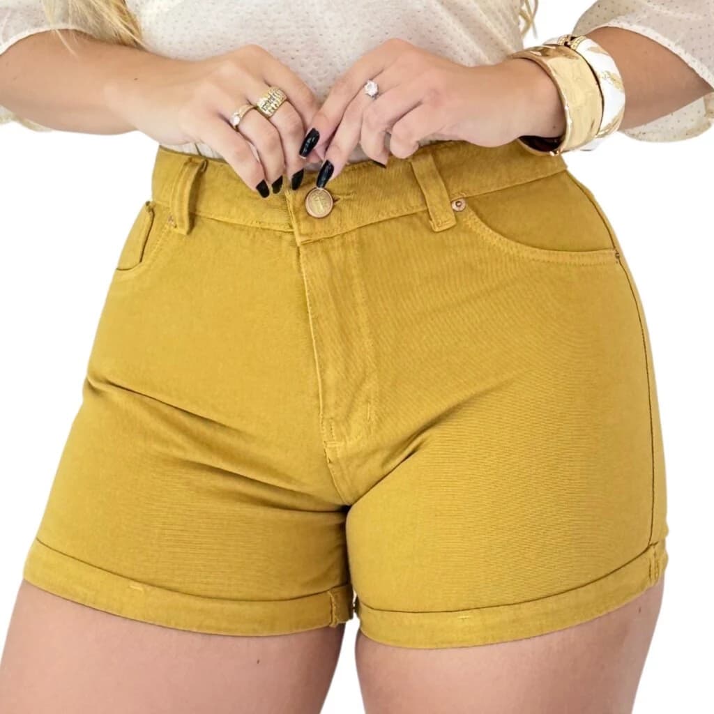 Short Jeans Feminino Barra Dobrada Cintura Alta Lavagem Turquesa Short Sarja Feminino
