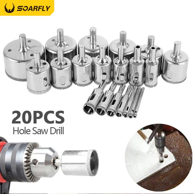 Jogo 20 Brocas Diamantadas Serra Copo furar Vidro Granito Ceramica 6 a 50 mm kit ferramentas